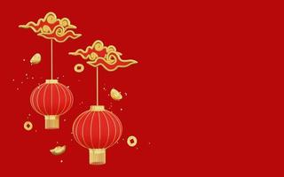 Representación 3D de feliz año nuevo chino con linterna sobre fondo rojo.