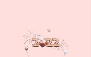 3d rendering of rose gold Happy New Year 2022 with fireworks and confetti on pink background photo