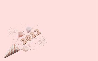 Representación 3D de oro rosa feliz año nuevo 2022 con fuegos artificiales y confeti sobre fondo rosa foto
