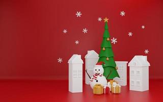 3d merry christmas on red background with snowman photo