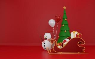 3d merry christmas on red background with snowman photo