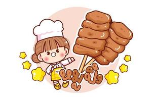 Cute chef and thai style BBQ pork restaurant logo cartoon hand drawn cartoon art illustration vector