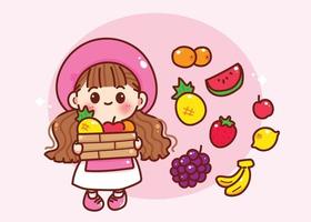 linda chica sosteniendo canasta de frutas comida orgánica naturaleza cosecha producto logo dibujos animados dibujados a mano ilustración de arte de dibujos animados vector