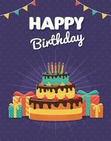 Tarjeta de felicitación e invitación de cumpleaños con tarta de cumpleaños y cajas de regalo. vector