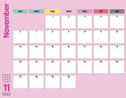 planificador de calendario mensual colorido de noviembre 2022 imprimible vector