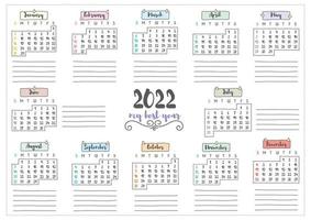 lindo planificador de calendario 2022 con letras manuscritas imprimible vector