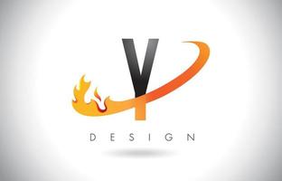 Y Letter Logo with Fire Flames Design and Orange Swoosh. vector