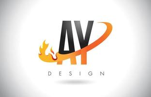 Ay ay logo de letra con diseño de llamas de fuego y swoosh naranja. vector