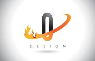 Logotipo de letra o con diseño de llamas de fuego y swoosh naranja. vector