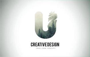 U Letter Brush with Forest Fog Texture. Forest Trees Letter Logo Design. vector