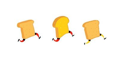 Illustration of running toasters. Running pieces of bread without butter and jam. Vector. Fry characters with legs. Icons for the site. Signs, logo for the store. Delivery of fresh bakery products. vector