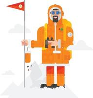 Ilustración de un alpinista con un perro sobre un fondo blanco. hombre con una bandera. Ilustración de un hombre en un estilo plano. objeto aislado sobre fondo blanco. vector