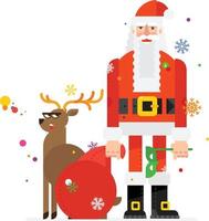 Santa Claus and the deer, drawn in a cartoon flat style. Illustration of a Saint Nicholas character with a bag of gifts. Image is isolated on white background. Image for wallpaper, print and site. vector