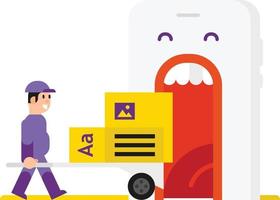 Site administrator painted in cartoon style. Isolated object on white background. Developers and their product in the phone. The application for the phone. Flat illustration. Characters design. vector