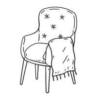 Cozy armchair with a plaid isolated on a white background. Vector hand-drawn illustration in doodle style. Perfect for holiday designs, cards, decorations, logo.