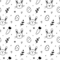 Easter seamless pattern. Cute doodle bunnies, festive Easter eggs, carrots, spring twigs and flowers vector