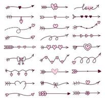 Set of cute doodle arrows for Valentine's Day isolated on white background. Vector hand-drawn illustration. Perfect for holiday designs, cards, invitations, decorations. Romantic clipart collection.