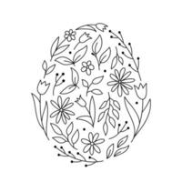 Floral elements in the shape of an Easter egg. Daisies, tulips, spring twigs and leaves in doodle style. Vector hand-drawn illustration. Template for the design of greeting cards, invitations, covers.