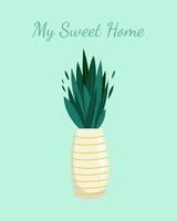 Home sweet home text Postcard, Lush tropical leaves and green foliage. Vector print design.