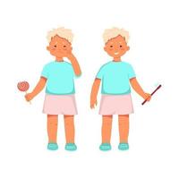 Concept of healthy teeth in children. A boy with a swollen cheek and a toothache and a happy boy with a toothbrush in his hand. Vector illustration