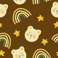 lindos osos, estrellas y arco iris de patrones sin fisuras en color de tendencia 2021. dibujado a mano. papel pintado para niños, textiles, decoración. gris, dorado, amarillo, marrón vector