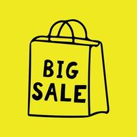 bag and lettering big sale banner, poster hand drawn  doodle. black on yellow background. shopping, discounts vector