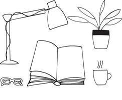 el libro está abierto, una lámpara de mesa, vasos, té, una flor en una maceta. concepto de lectura. bosquejo dibujado a mano estilo doodle. , minimalismo, monocromo. aficiones, aprendizaje vector