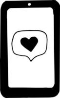 teléfono inteligente con corazón en el icono de la pantalla, etiqueta engomada. bosquejo dibujado a mano estilo doodle. , minimalismo, monocromo. teléfono, redes sociales, blogger, blog, tecnología de blogs, electrónica como vector