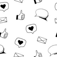 social media seamless pattern. hand drawn doodle style.  minimalism, monochrome, sketch. wallpaper, textile, wrapping paper, background. like, heart thumbs up envelope speech cloud communication vector