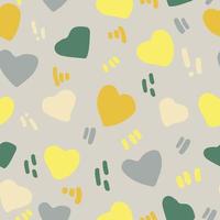 corazones lindos y garabatos de patrones sin fisuras en colores de tendencia 2021. minimalismo dibujado a mano simple. papel pintado, textiles, papel de regalo, decoración. gris, dorado, amarillo, verde. amor, dia de san valentin vector