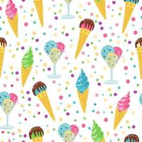 Seamless pattern with hand drawn ice cream in waffle cones and glass cups. Polka dots colorful background. Great for fabrics, wrapping papers, covers. vector