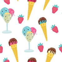 Seamless pattern with hand drawn strawberries, ice cream in waffle cones and glass cups on white. Great for fabrics, wrapping papers, covers. vector