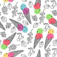 Seamless pattern with hand drawn berries and ice cream cones on white. Great for fabrics, wrapping papers, covers. Doodle style with bright color elements. Strawberries, currant, cherries. vector