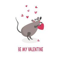 Be my Valentine. Quote with a very cute funny rat in love. Great for t-shirts, posters, greeting cards. Hand drawn illustration and lettering on white background. vector