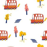 Cartoon bus seamless pattern. Childish background with red tourist bus and trees. City map. Perfect for kids fabric, textile, nursery wallpaper. Hand draw vector illustration.