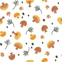 Mushrooms seamless pattern. Champignons and herbs, pickles. Food background. Organic product. Marinated vegetables. Wallpaper, textile, wrapping paper.  Hand draw vector illustration.