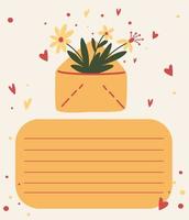 Postcard with an envelope and flowers. Floral mail. Template for a holiday greeting card. Flowers, hearts and an empty space for the inscription. Hand draw vector illustration.