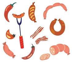 Sausages set. Meat sausages, salami, bacon, grocery meat hot dogs. Ingredient slice, cooking salami, barbecue delicatessen. Food. Hand draw vector illustration.