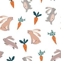 Rabbits and carrots seamless pattern. Cartoon Bunnies. Creative childish background. Happy Easter. Perfect for kids fabric, textile, nursery wallpaper. Hand draw vector illustration.