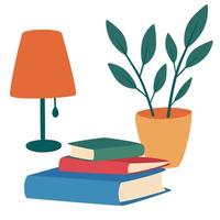 Books, table lamp and houseplant composition. Love books. Cozy scene with a pile of textbooks. Leisure, hobby or exam preparation. Entertainment or educational textbooks. Vector illustration.