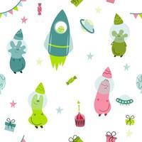 Vector children's seamless pattern on a space theme. Aliens, rocket, cupcake, balloons and so on.