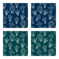 Collection of seamless patterns with cacti. Blue and green background. Good for childish clothes, surface design. Vector illustration.