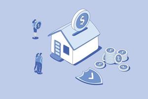 house savings investment concept with people and money save with outline isometric style vector