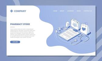 pharmacy store concept for website template or landing homepage with isometric and outline style vector