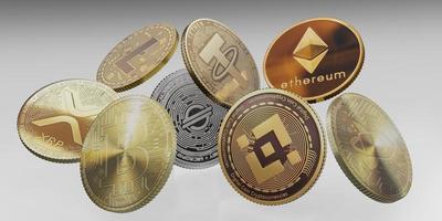 Cryptocurrency With bitcoin litecoin and ethereum symbols Combination of coins on white background photo