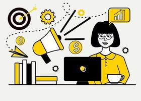 Marketing strategy vector illustration in yellow and black the girl behind the mental process