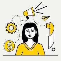 Marketing strategy vector illustration in yellow and black the girl behind the mental process