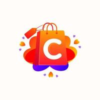 C letter with love shopping bag icon and Sale tag vector element design. C alphabet illustration template for corporate identity, Special offer tag, Super Sale label, sticker, poster etc.