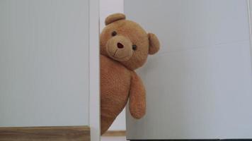 criança. um ursinho de pelúcia marrom apareceu atrás da parede. o ursinho de pelúcia marrom cutucou um rosto próximo à porta o rosto de um sorriso de olhar de urso de pelúcia. ursinho de pelúcia escondido dentro do quarto. video