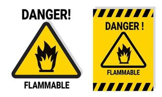 Señal de advertencia de peligro inflamable para seguridad laboral o de laboratorio con etiqueta adhesiva amarilla imprimible para notificación. Ilustración de vector de icono de peligro